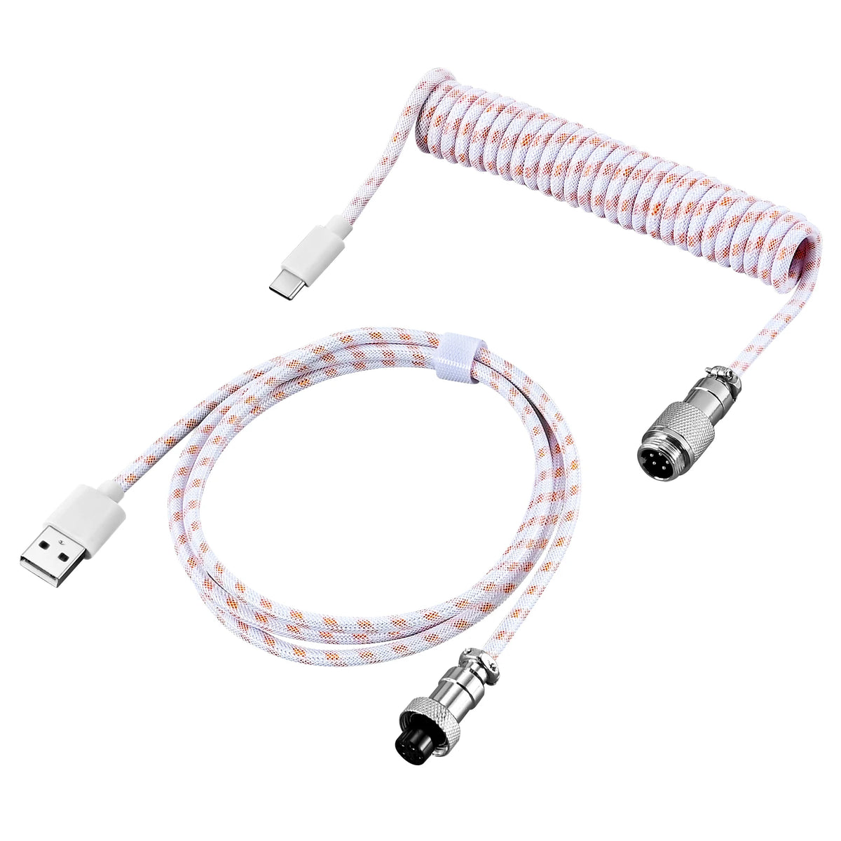 A braided cable with a pink and white striped jacket connects a USB-C connector to a USB keyboard cable.