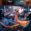 A person is playing a video game on a computer with an Ethernet cable connected, demonstrating high-speed gaming performance.