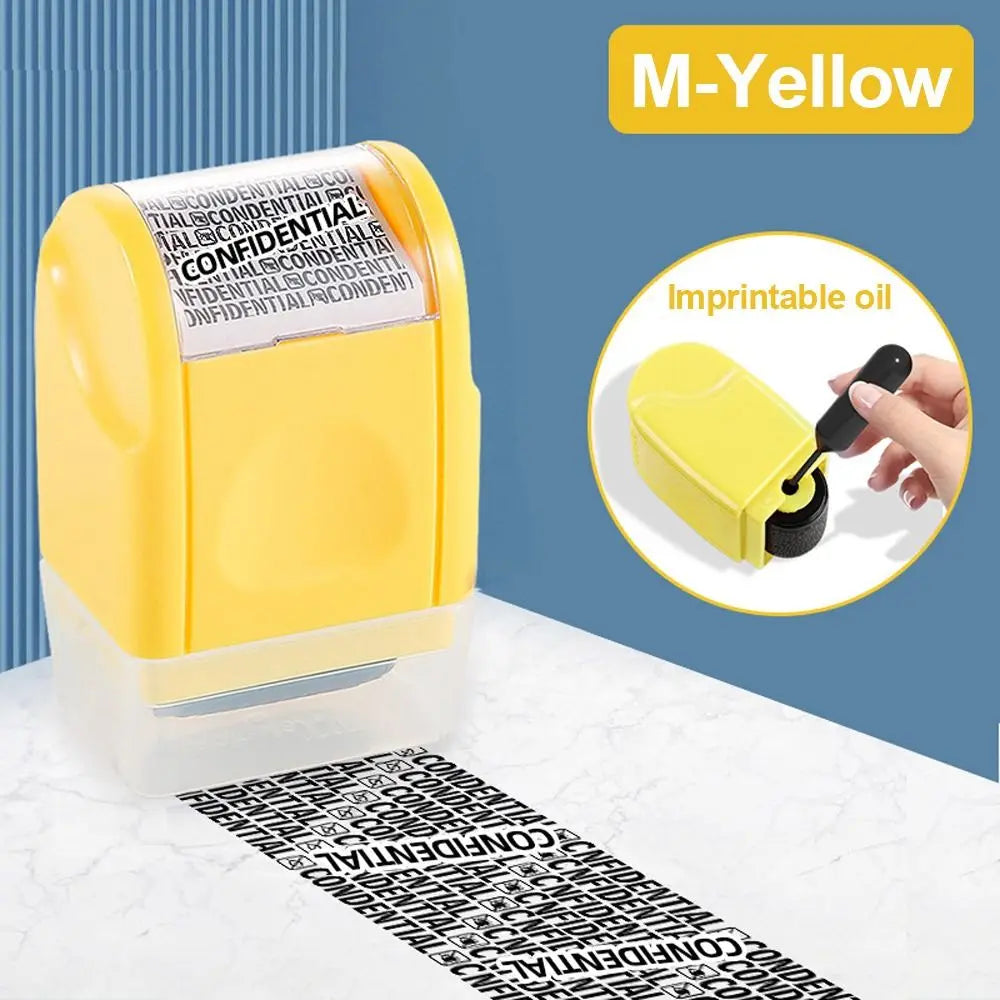 A yellow reusable confidential roller stamp is shown next to a strip of confidential text for document security.