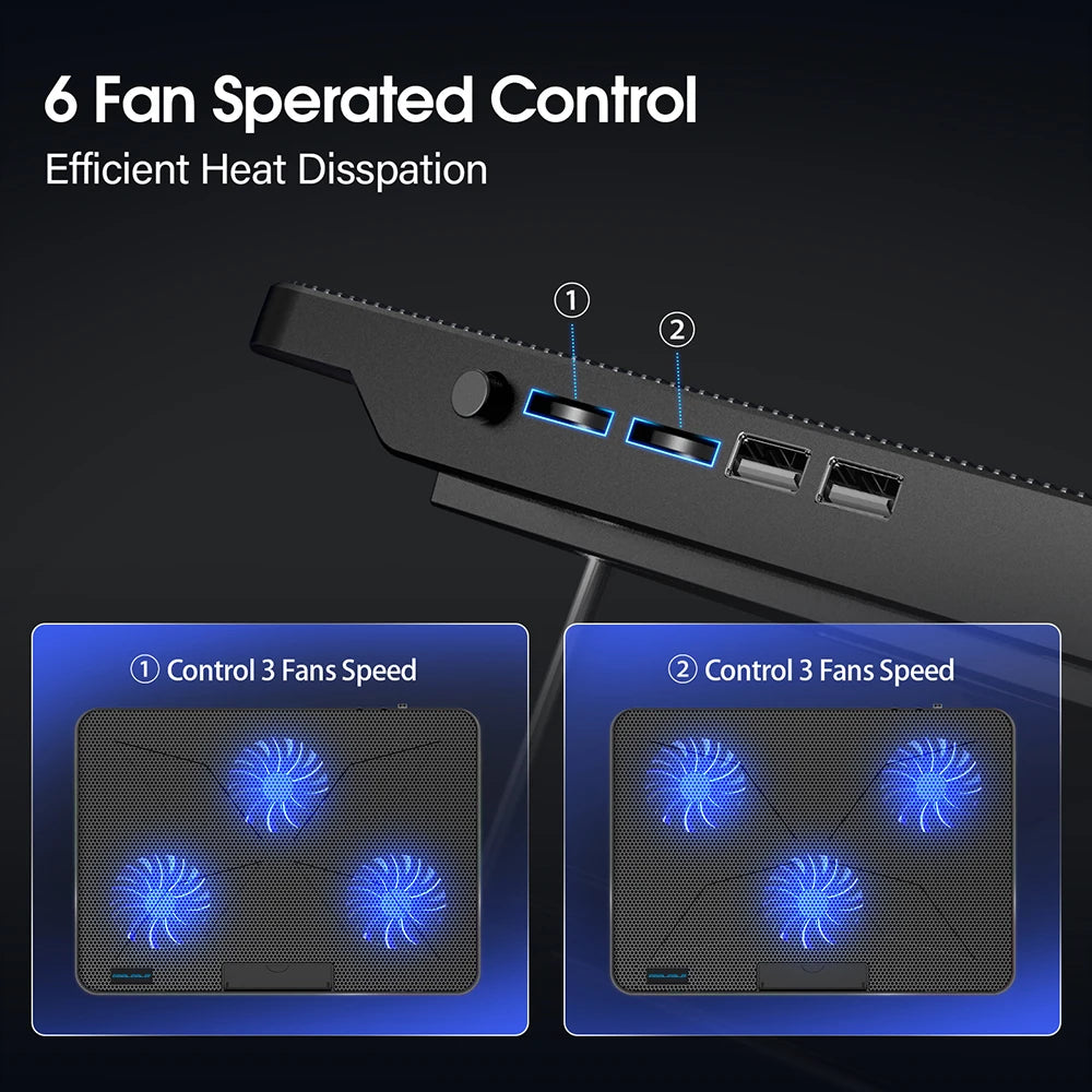 Close-up view of a laptop cooling pad showing six fan-separated control buttons for efficient heat dissipation