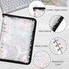A clear plastic binder organizer with a black cover featuring floral zipper charm and neat sewing details.