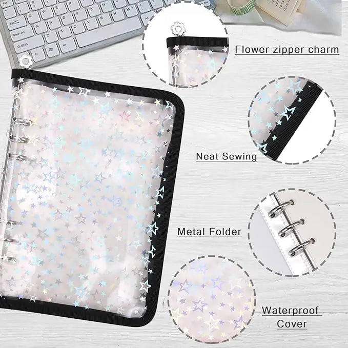 A clear plastic binder organizer with a black cover featuring floral zipper charm and neat sewing details.