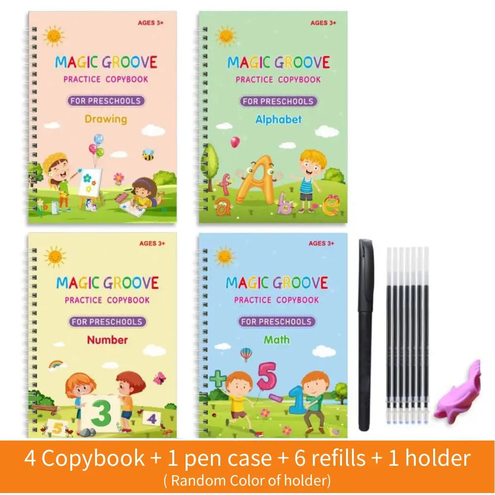 Set of 4 Magic Groove practice copybooks for preschool children with a pen case and holder