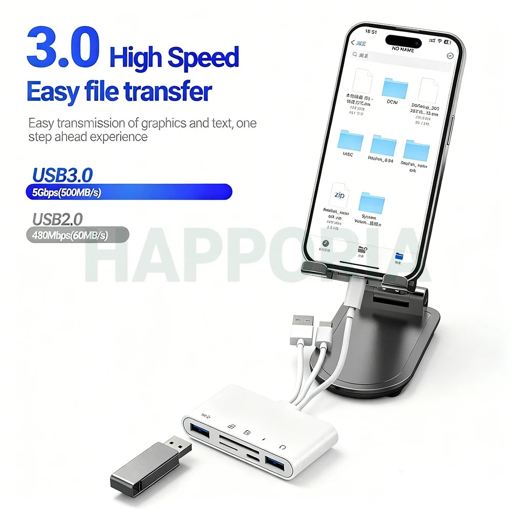 Adaptador universal USB-C a tarjeta SD junto a un smartphone, demostrando capacidad de transferencia de archivos de alta velo
