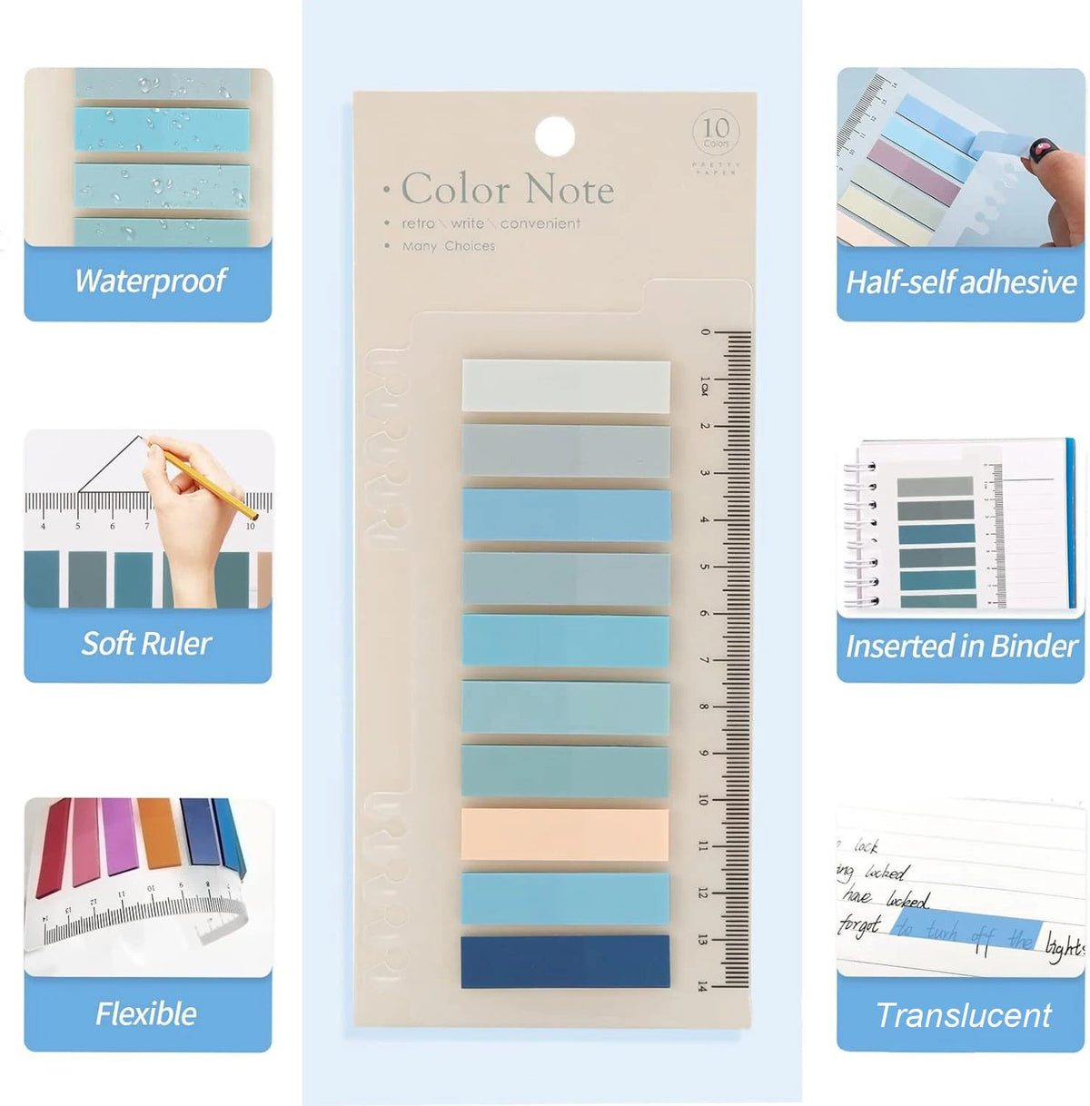 A pack of transparent self-adhesive sticky notes in various pastel colors and sizes, demonstrating waterproof and flexible fe