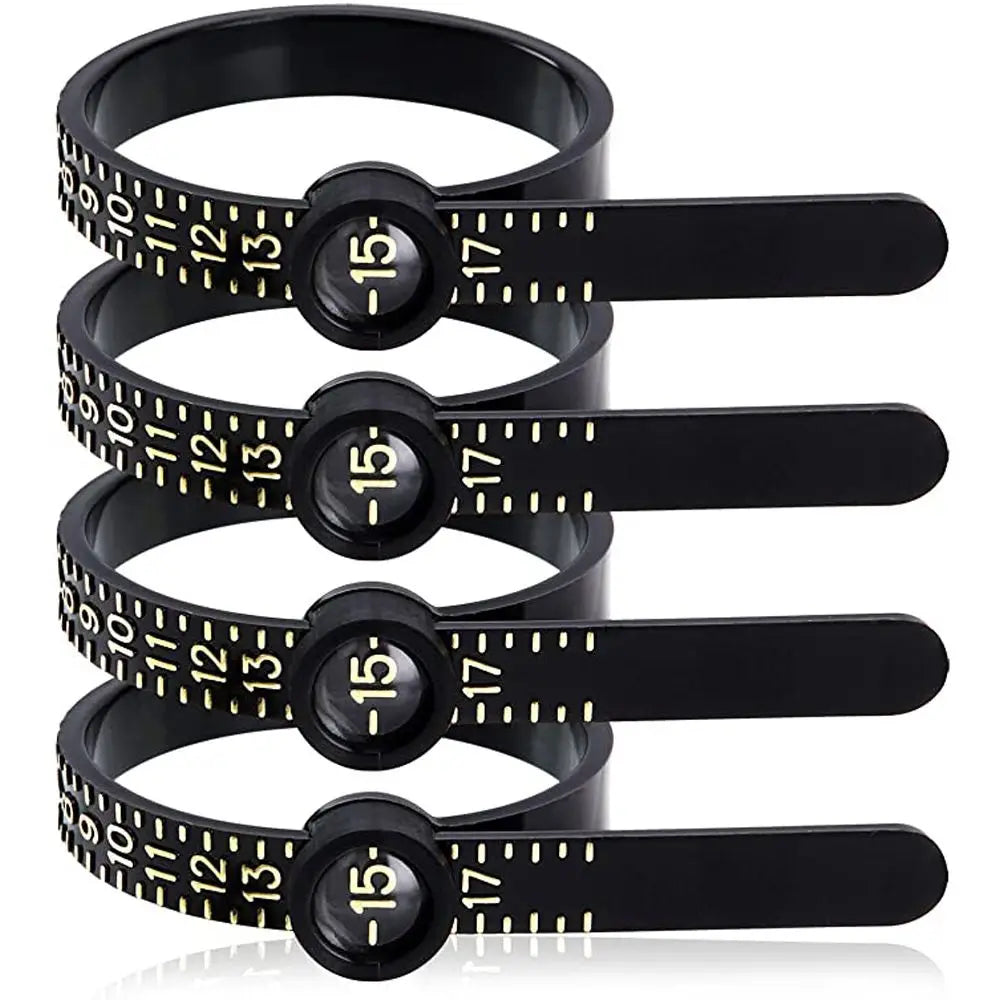 A black precision ring sizer and gauge tool with multiple rings and measuring scales.