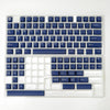 A close-up view of a dark blue PBT keycap set for a mechanical keyboard.