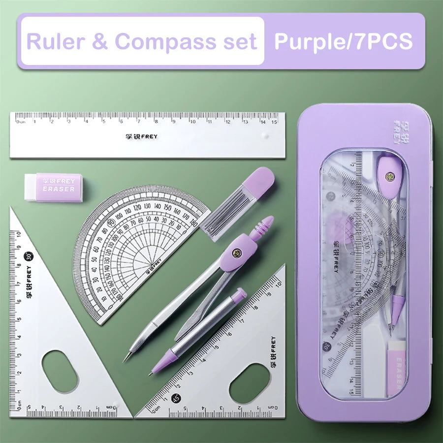 Juego de regla y compás morado con siete piezas, incluyendo regla, compás y borrador.