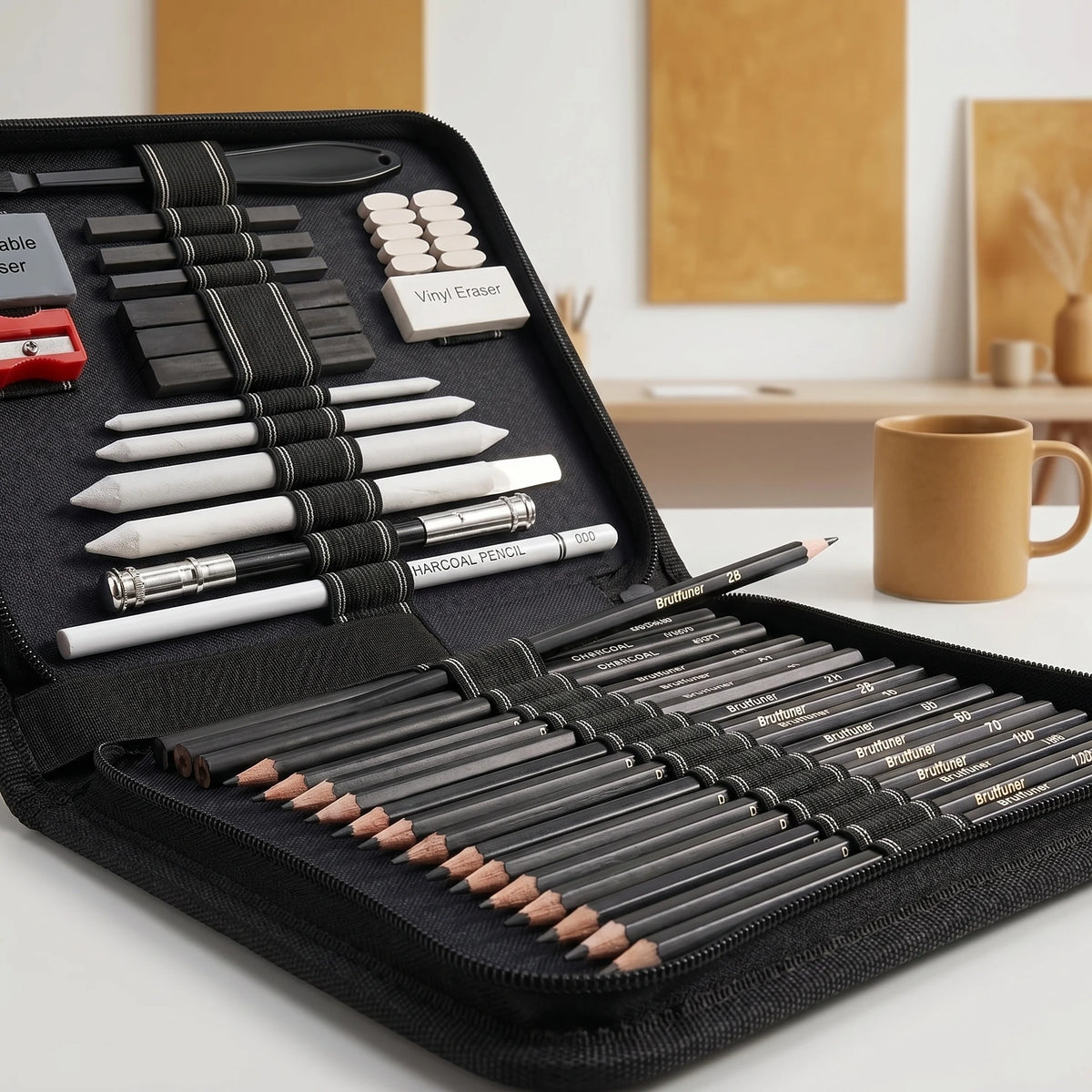 Schwarzes professionelles Zeichenset mit Graphit- und Kohlekreiden, Radiern und anderen Zeichenwerkzeugen.