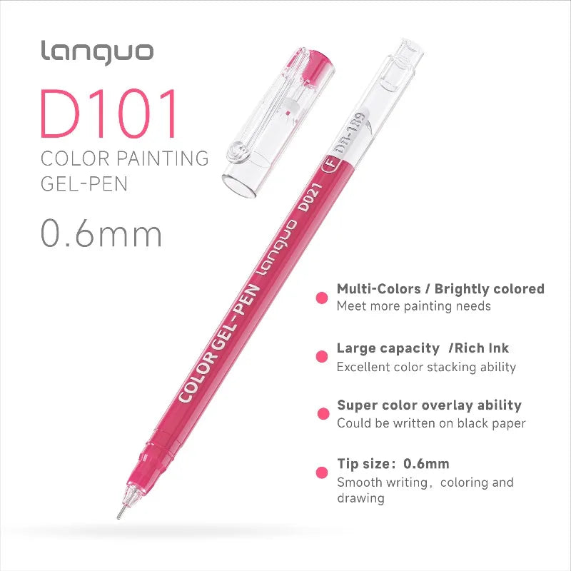 A Languo D101 color painting gel pen in pink, shown diagonally on a white background.