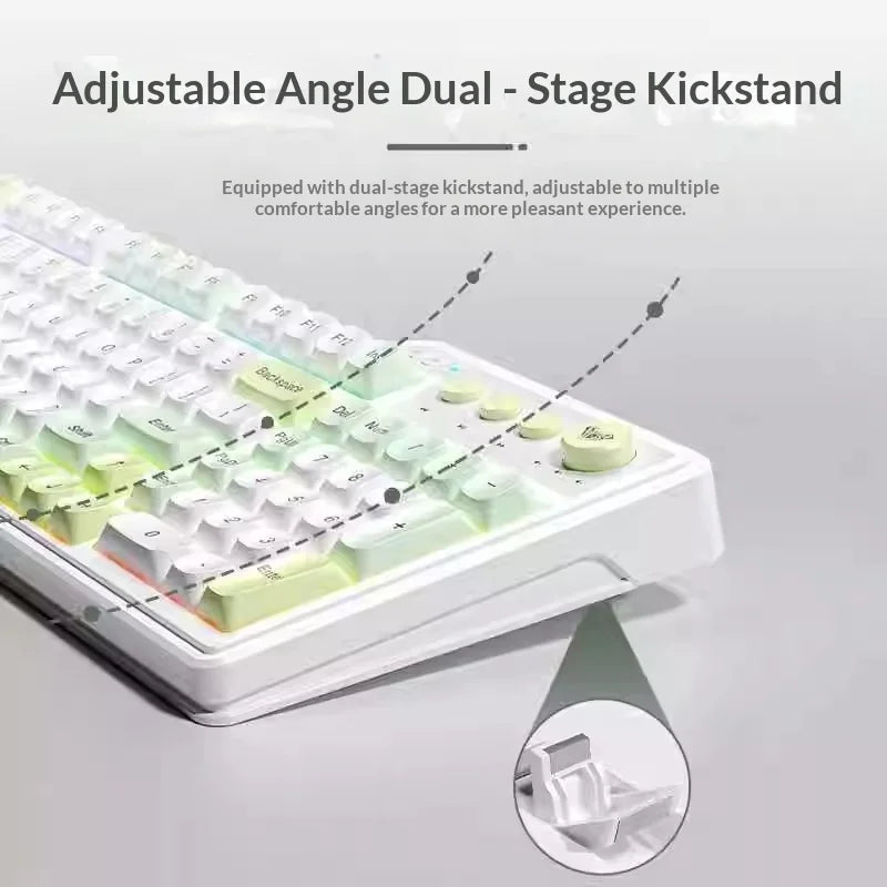 Weiße mechanische Tastatur mit hellgrünen Tasten, die ihre zweistufige Ständerfunktion hervorheben.