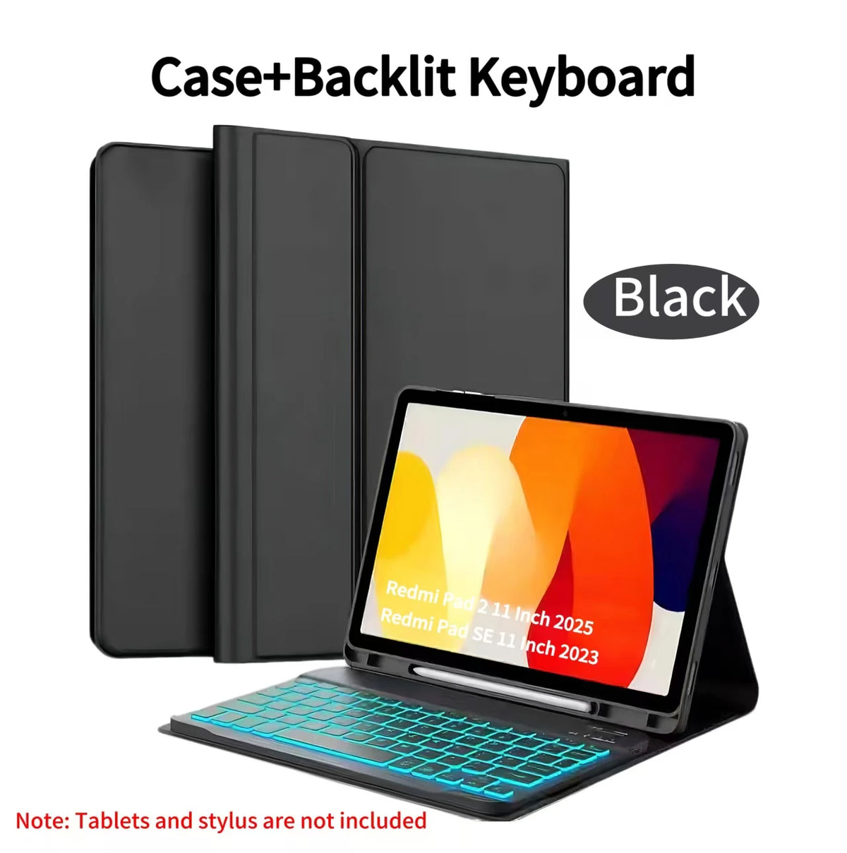 Black case and backlit keyboard for a Redmi Pad 2 or SE tablet.