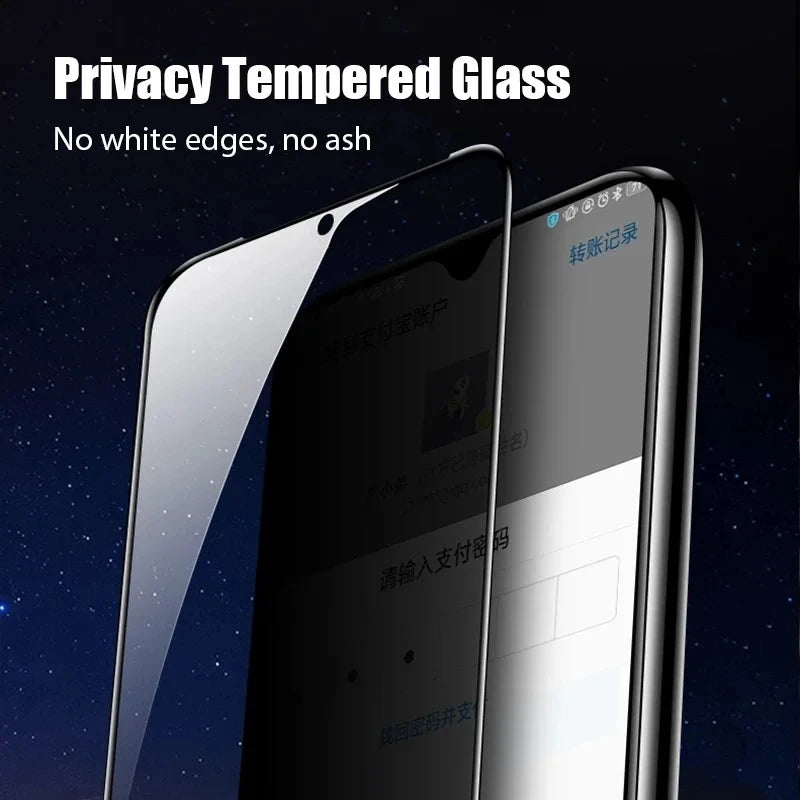 A close-up of a smartphone screen showing a privacy tempered glass protector applied to the display.