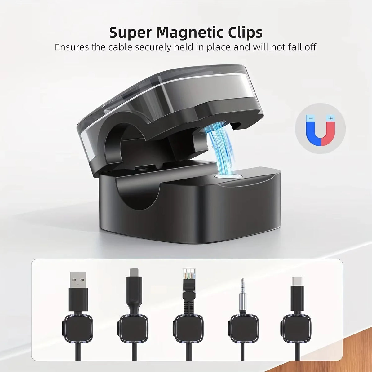 A close-up view of super magnetic clips used to secure a cable, shown alongside various connector types.