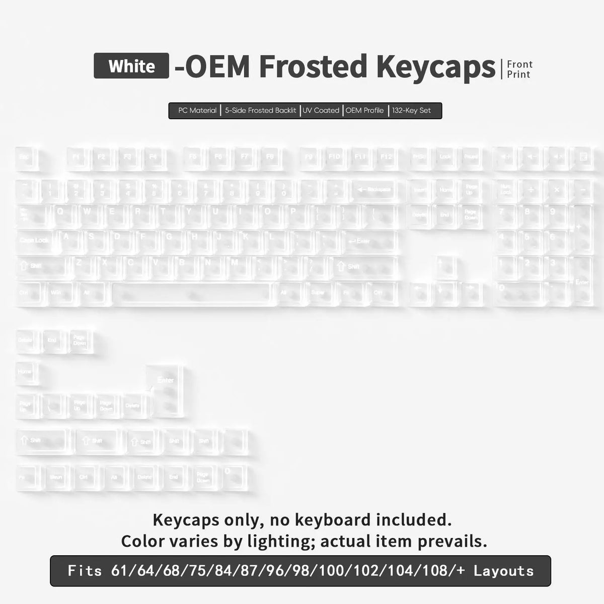 White OEM frosted keycaps for mechanical keyboards, showing various layouts and profiles.