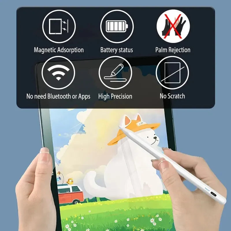 A hand holds a white precision stylus pen against an iPad screen, demonstrating its magnetic adhesion and high precision feat