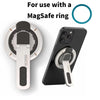 A dual-sided magnetic phone ring holder with a rotating stand shown next to a smartphone.