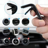 A hand demonstrates a magnetic car air vent phone mount with various sizes and installation options.