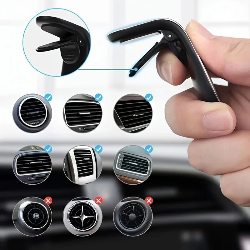 A hand demonstrates a magnetic car air vent phone mount with various sizes and installation options.