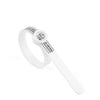 A white ring sizer and measuring tool with a magnifier is shown against a white background.