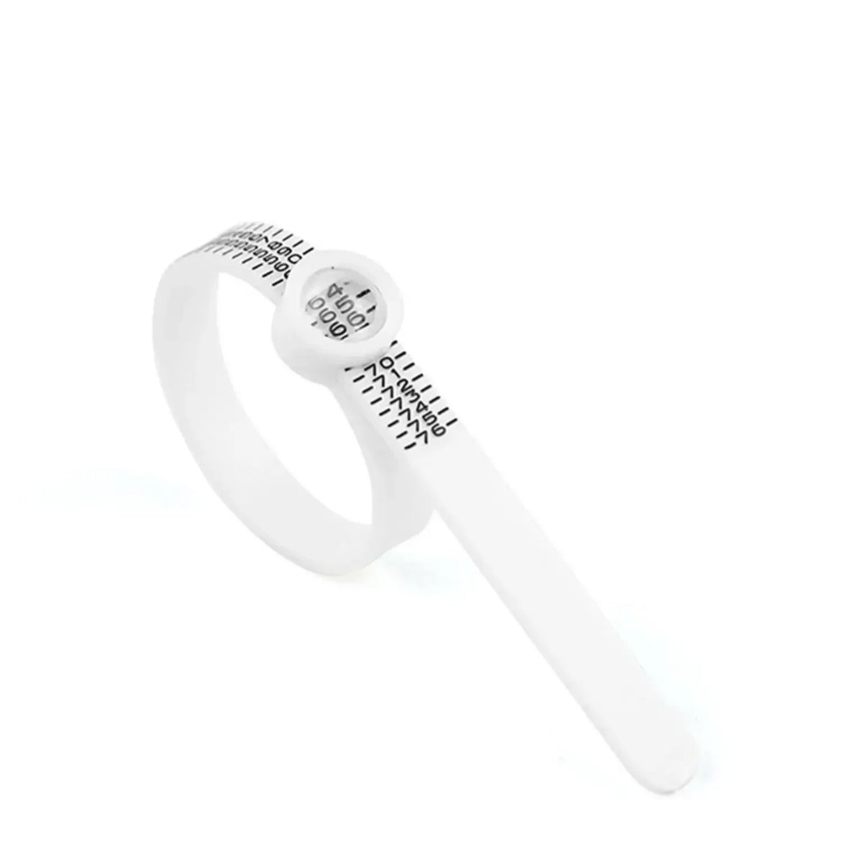 A white ring sizer and measuring tool with a magnifier is shown against a white background.
