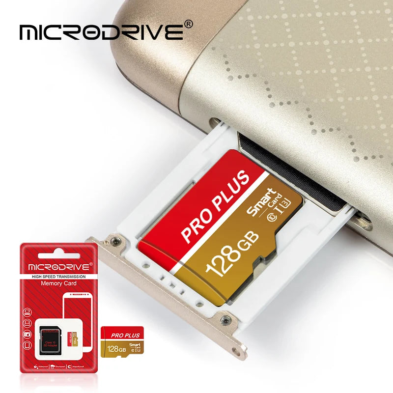 A close-up of a MicroDrive PRO PLUS 128GB memory card inserted into a device slot.