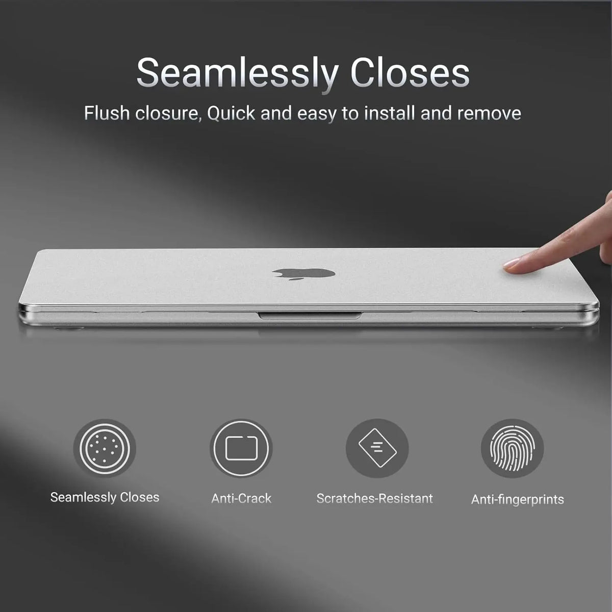 A white matte hard shell case for a MacBook is shown with features like seamless closure, anti-crack protection, scratch resi