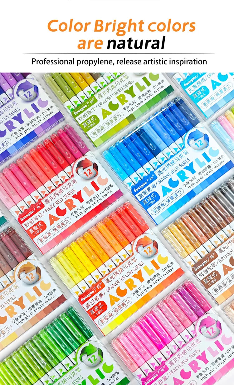 A set of bright color high-gloss acrylic marker pens in various shades for professional use.