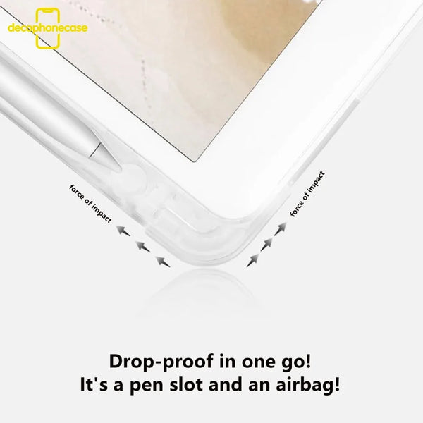 A clear protective case for an iPad showing features like a pen slot and an airbag design.