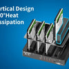 A vertical design heat dissipation system for a 4-bay external hard drive docking station.
