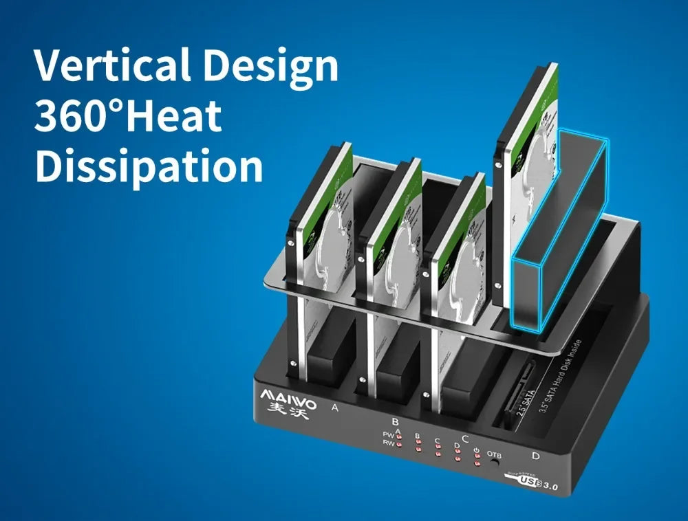 A vertical design heat dissipation system for a 4-bay external hard drive docking station.