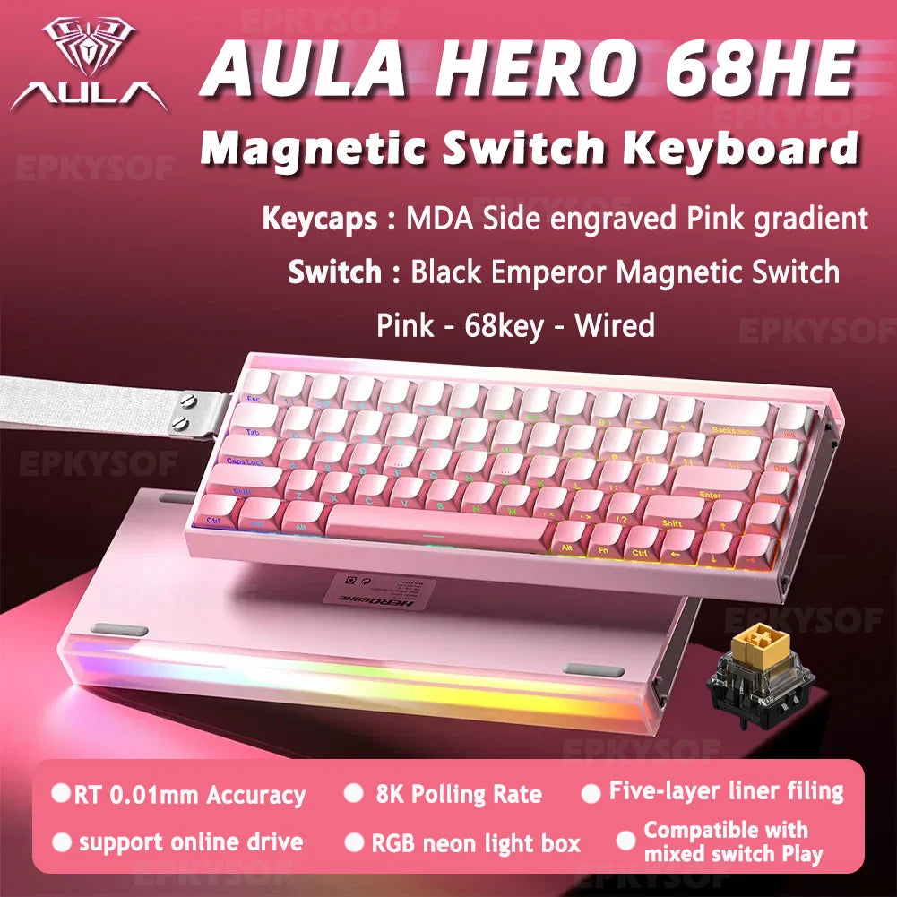 A pink 68-key wired magnetic switch keyboard with a silver wrist rest and RGB lighting.
