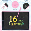 A drawing tablet with a black screen and pink accents, showing features like a replaceable battery, lock key, and button clea