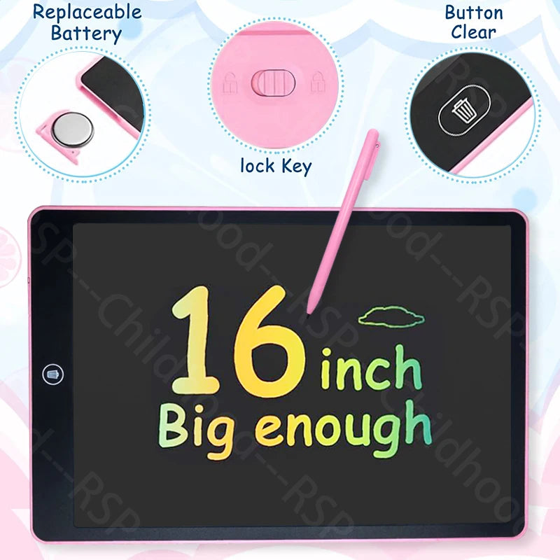 A drawing tablet with a black screen and pink accents, showing features like a replaceable battery, lock key, and button clea