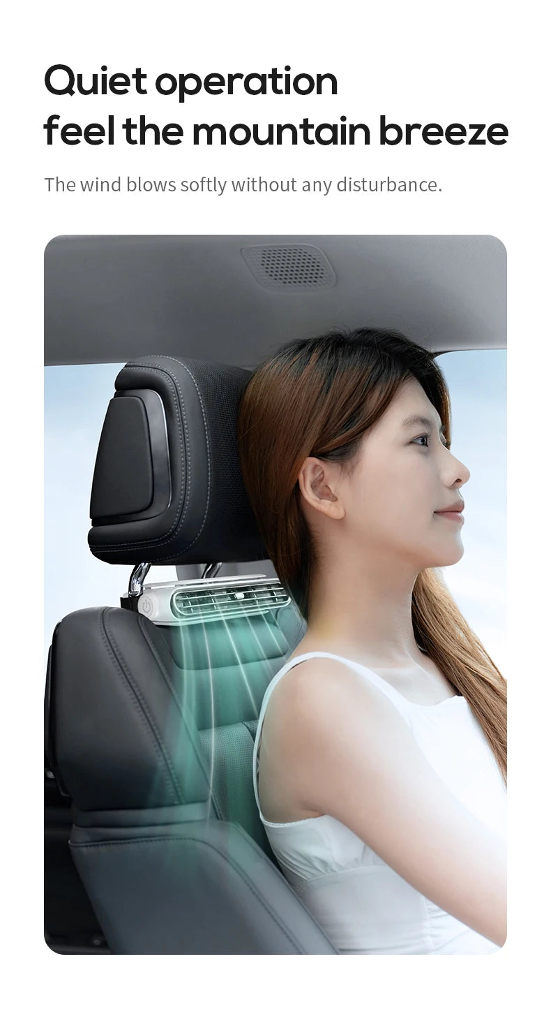 A woman is shown in a car seat with a cooling fan blowing air onto her neck, demonstrating quiet operation.
