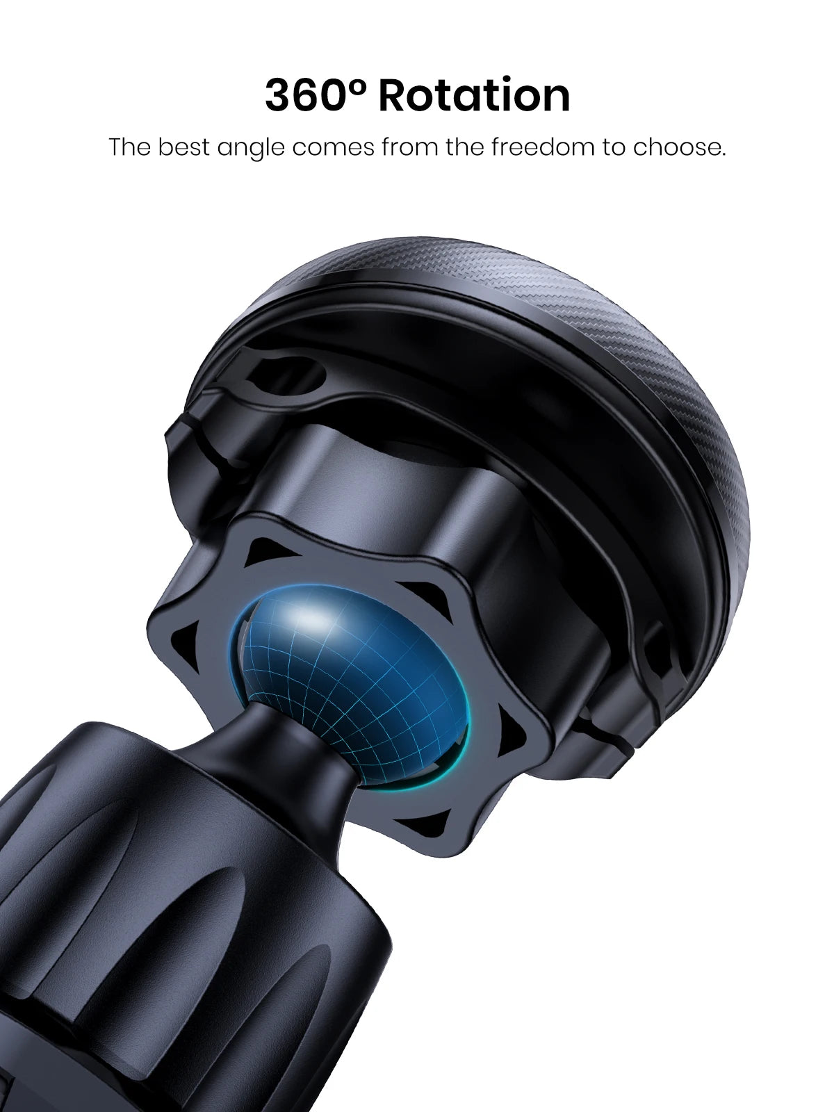 Close-up view of a black magnetic car phone mount designed for an air vent, highlighting its 360 degree rotation feature.