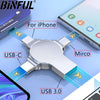 A silver flash drive with USB-C and Micro connectors is shown next to an iPhone, highlighting its compatibility.