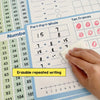 A hand is writing math problems on a grid paper with ten frames and a number line, demonstrating part-part-whole concepts.