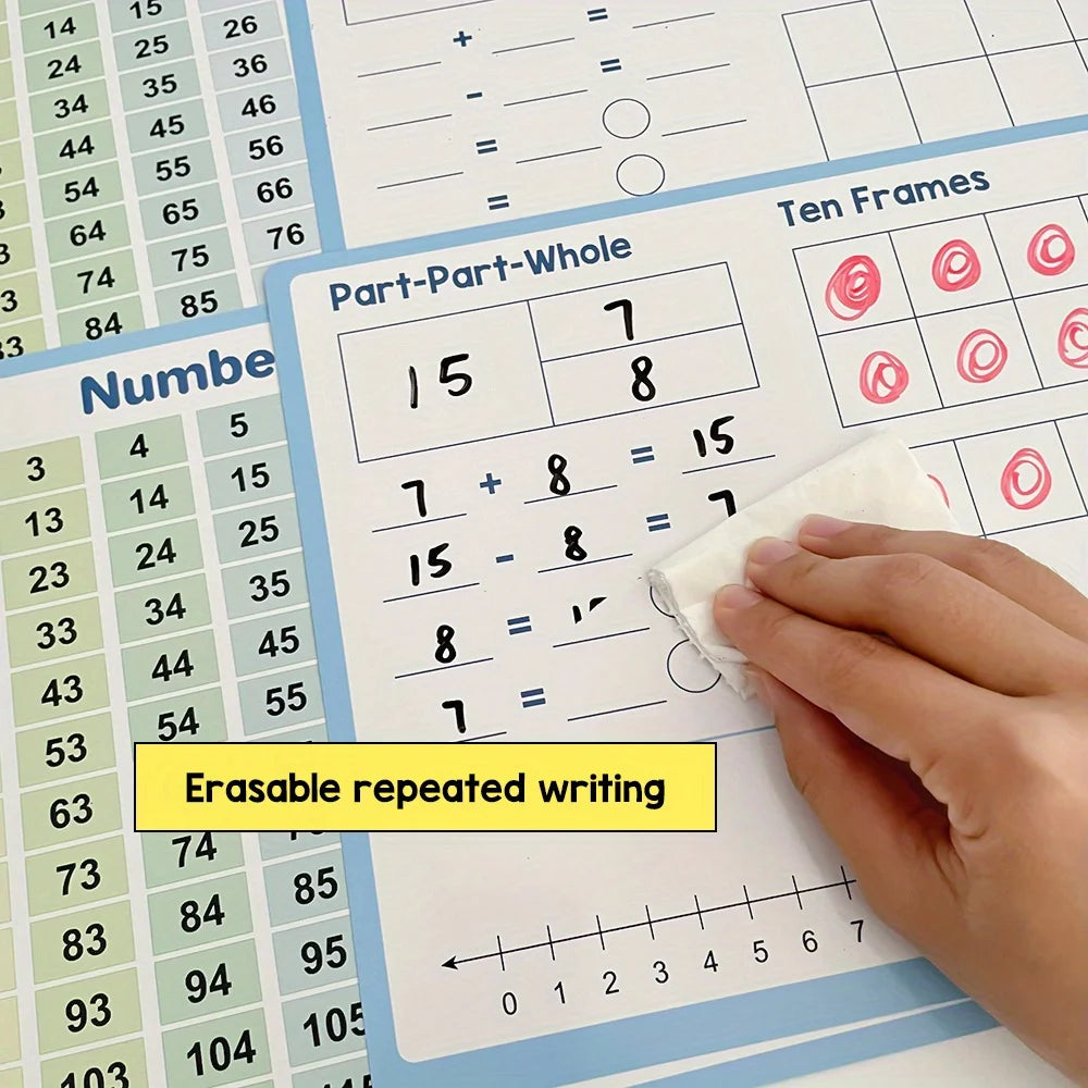 A hand is writing math problems on a grid paper with ten frames and a number line, demonstrating part-part-whole concepts.