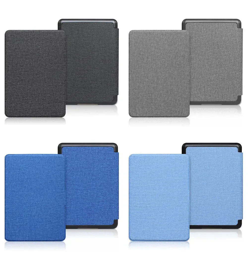 A set of two premium leather cases for a Kindle Paperwhite, shown in dark gray and light blue colors.