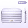 A purple padded laptop sleeve for a MacBook, iPad, or tablet is shown with a zipper closure.