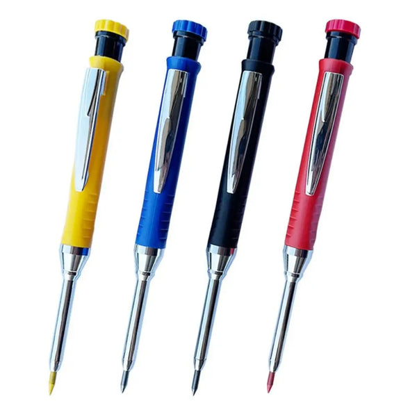 A set of four precision mechanical pencils with built-in sharpeners in yellow, blue, and red colors.