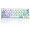 A white compact 68-key RGB backlit wired keyboard with customizable keycaps and a rotary dial.