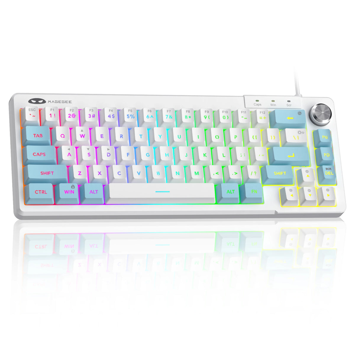 A white compact 68-key RGB backlit wired keyboard with customizable keycaps and a rotary dial.