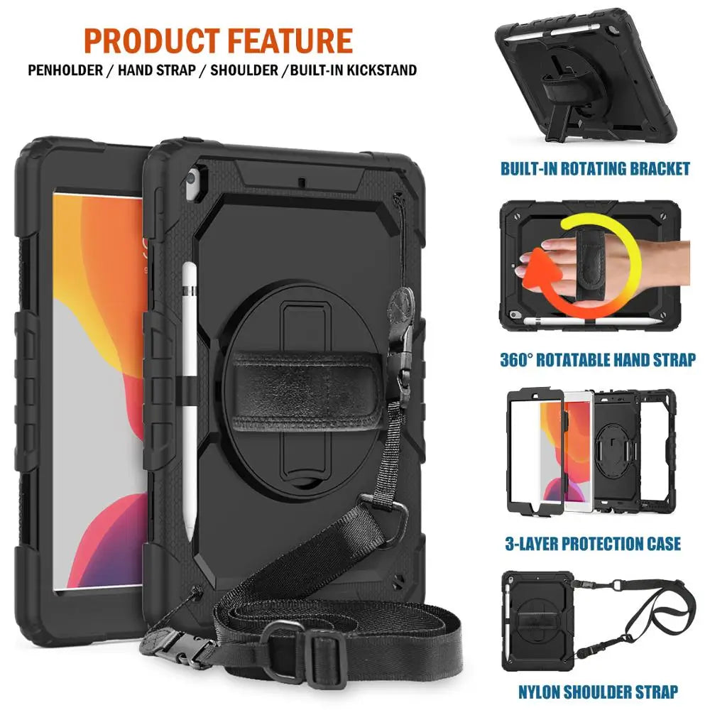 Black heavy duty rugged iPad case with built-in rotating bracket and nylon shoulder strap