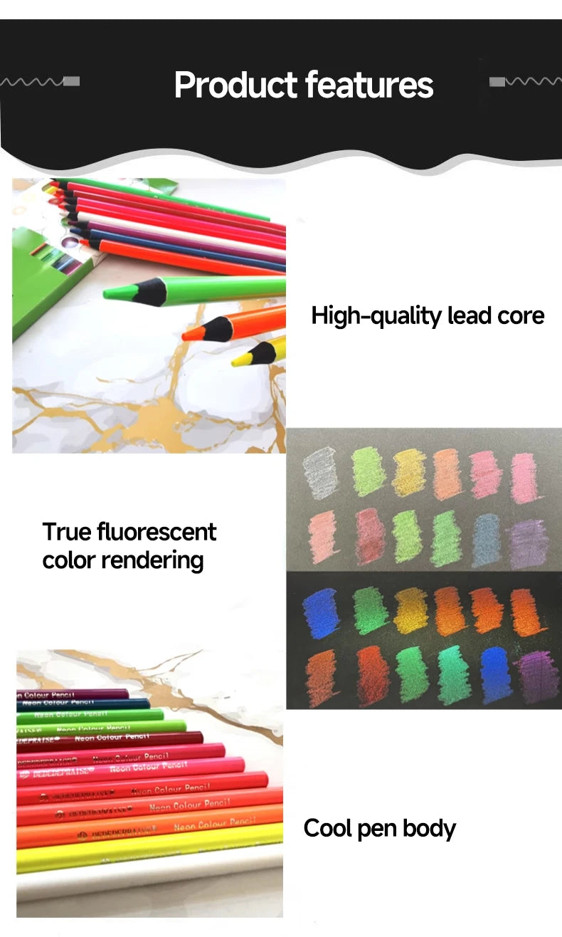 A collection of metallic fluorescent colored pencils in various shades and colors.