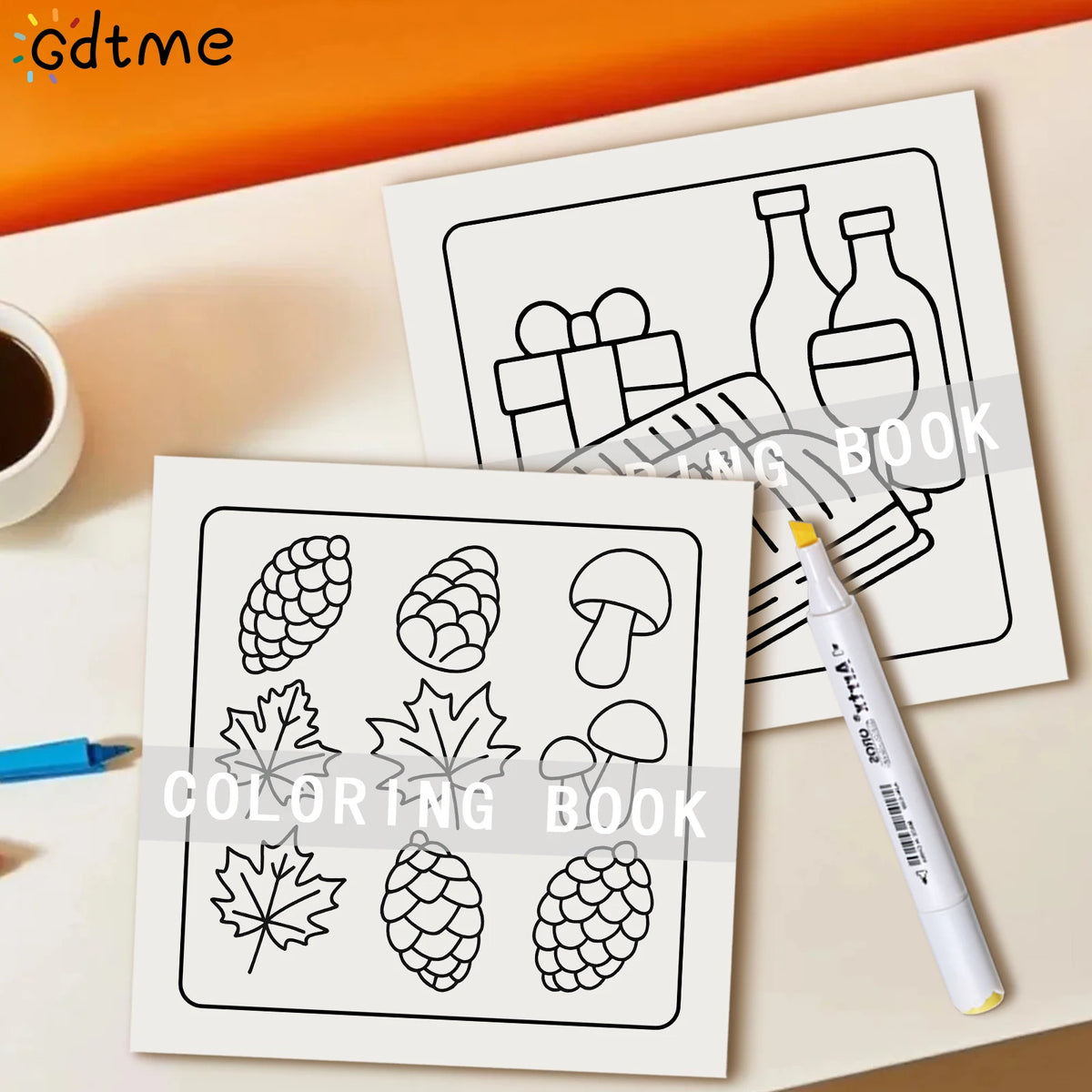 A coloring book featuring line art of pinecones, leaves, and mushrooms on a white page.