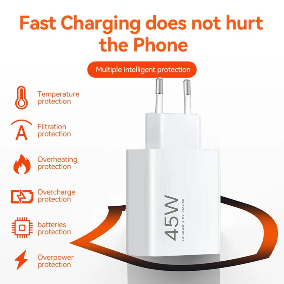 A white 45W fast charging adapter with multiple intelligent protection features for Xiaomi devices.
