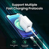A white fast charging cable is shown connecting a power bank to an iPhone, illustrating support for multiple charging protoco