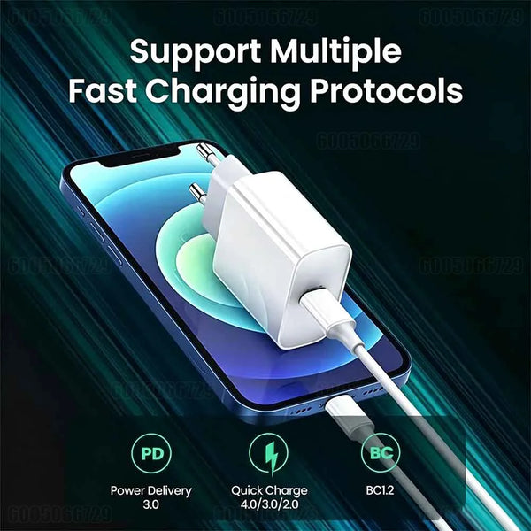 كابل شحن سريع أبيض يوضح دعم بروتوكولات شحن متعددة بين بنك طاقة و iPhone
